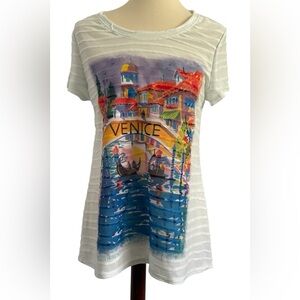 Ellen Negley Knit Short Sleeve Venice Italy Art & Soul Canal Blouse Size Medium